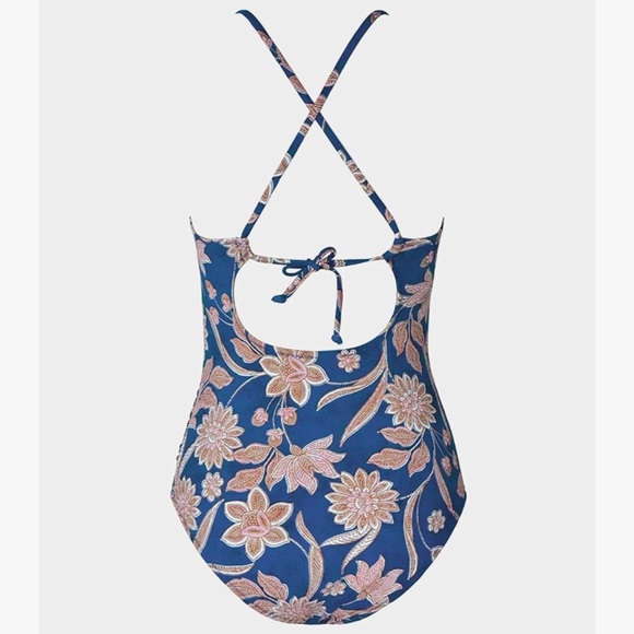 NIP CUPSHE Blue Floral One Piece Swimsuit High Neck Tummy Control Swimwear Sz:L - Picture 2 of 11